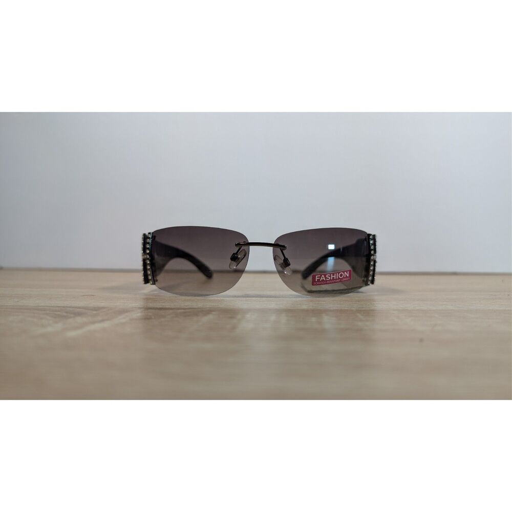 Foster Grant Rimless Sunglasses Black Wide Arms Rhinestone Accent Y2K NWT